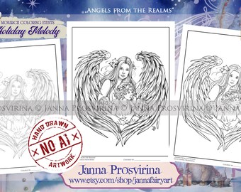 Angels from the Realms, Christmas Coloring Page, Instant download, Digi stamp, Art of Janna Prosvirina