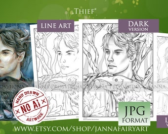 Thief, Coloring Page, Digital Stamp, Grayscale, Line art, Printable, Instant Download, Art of Janna Prosvirina, Jannafairyart