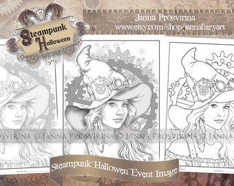 Steampunk Digital Grayscale Line Art Coloring Page, Printable, Instant download,  Art of Janna Prosvirina