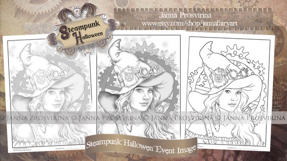 Steampunk Digital Grayscale Line Art Coloring Page, Printable, Instant download,  Art of Janna Prosvirina