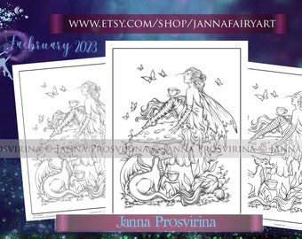 Faebruary 2023, Tea Party, Faery Digital Stamp, Printable page,  Digi stamp, Coloring page, Art of Janna Prosvirina