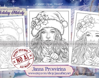 Candy Cane Heart, Christmas Coloring Page, Instant download, Digi stamp, Art of Janna Prosvirina