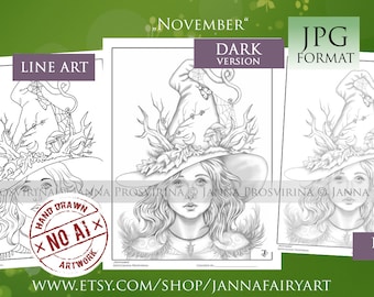 November, Coloring Page, Digital Stamp, Grayscale, Line art, Printable, Instant Download, Art of Janna Prosvirina, Jannafairyart
