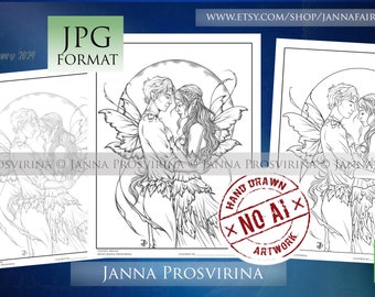 Lovers Moon, Digital Stamp, Coloring Page, Fairy, Line art, Grayscale, Printable page, Art of Janna Prosvirina