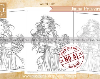 White Lily, Angel Coloring Page, Digital Stamp, Printable, Digi stamp,Art of Janna Prosvirina