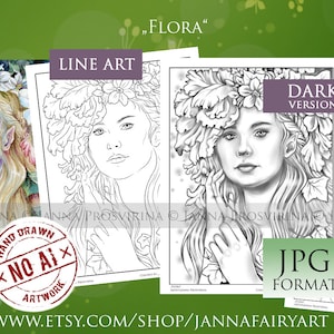 Flora, Coloring Page, Digital Stamp, Grayscale, Line art, Printable, Instant Download, Art of Janna Prosvirina, Jannafairyart