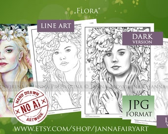 Flora, Coloring Page, Digital Stamp, Grayscale, Line art, Printable, Instant Download, Art of Janna Prosvirina, Jannafairyart