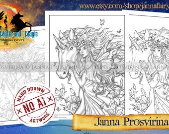 Digital Stamp, Coloring Page, Lily Path, Unicorn and Fairy, Line art, Grayscale, Printable page, Art of Janna Prosvirina