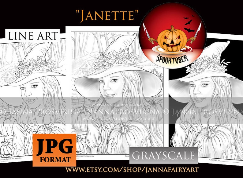 Puede incluir: Una ilustraci&oacute;n en blanco y negro de una bruja con un sombrero puntiagudo con un dise&ntilde;o floral. Ella sostiene una calabaza en sus manos. La imagen est&aacute; etiquetada como "JANETTE" y "LINE ART".