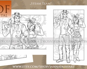 Steampunk Digital Grayscale Line Art Coloring Page, Printable, Instant download,  Art of Janna Prosvirina