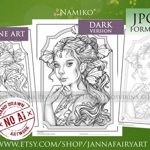 Namiko, Coloring Page, Digital Stamp, Grayscale, Line art, Printable, Instant Download, Art of Janna Prosvirina, Jannafairyart