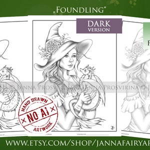 Foundling, Coloring Page, Digital Stamp, Grayscale, Line art, Printable, Instant Download, Witch, Art of Janna Prosvirina, Jannafairyart