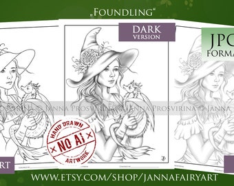 Foundling, Coloring Page, Digital Stamp, Grayscale, Line art, Printable, Instant Download, Witch, Art of Janna Prosvirina, Jannafairyart