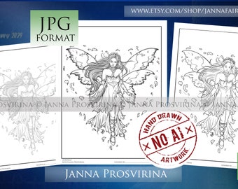 Cordelia, Digital Stamp, Coloring Page, Fairy, Line art, Grayscale, Printable page, Art of Janna Prosvirina