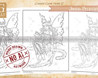 Candy Cane Fairy 2, Christmas Coloring Page, Instant download, Digi stamp, Art of Janna Prosvirina