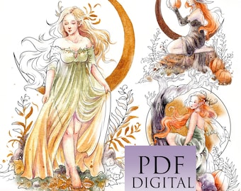 Digital Coloring Book, Moonlight Fantasy, PDF, Printable, Instant download, Autumn, Halloween,  Art of Janna Prosvirina