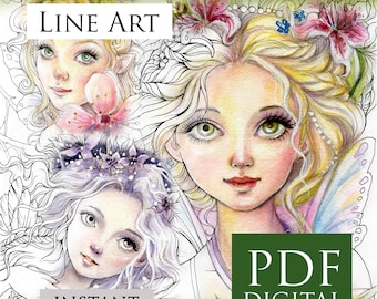 PRINTABLE, PDF Coloring book, Instant download, Line Art, Faeries, Big Eye Dolls, Art of Janna Prosvirina