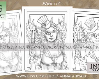 Steampunk Digital Grayscale Line Art Coloring Page, Printable, Instant download,  Art of Janna Prosvirina