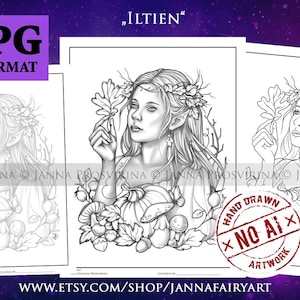 Iltien, Coloring Page, Digital Stamp, Grayscale, Line art, Printable, Instant Download, Art of Janna Prosvirina, Jannafairyart