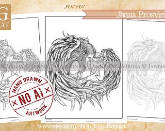 Feather, Christmas Coloring Page, Instant download, Digi stamp, Art of Janna Prosvirina