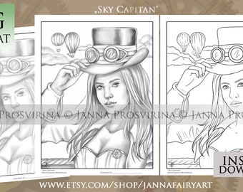 Steampunk Digital Grayscale Line Art Coloring Page, Printable, Instant download,  Art of Janna Prosvirina