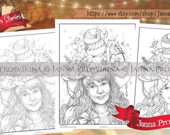 December Witch, Christmas Coloring Page, Instant download, Digi stamp, Art of Janna Prosvirina