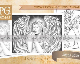 Inner Light, Angel Coloring Page, Digital Stamp, Printable, Digi stamp,Art of Janna Prosvirina