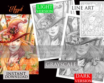 Página para colorear en ESCALA DE GRISES, sello digital, bruja, Halloween, imprimible, descarga instantánea, Samhain, arte de Janna Prosvirina