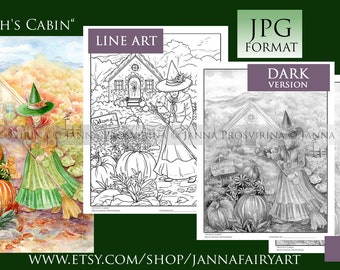 GRAYSCALE Coloring Page, Digital Stamp, Witch, Halloween, Printable, Instant download, Samhain, Art of Janna Prosvirina