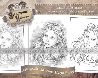 Steampunk Digital Grayscale Line Art Coloring Page, Printable, Instant download,  Art of Janna Prosvirina