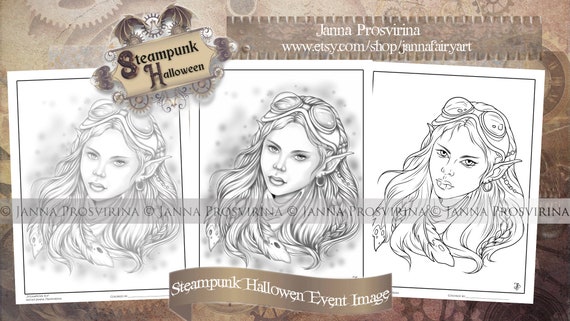 Steampunk Digital Grayscale Line Art Coloring Page, Printable, Instant download,  Art of Janna Prosvirina