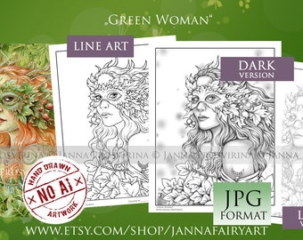 Green Woman, Coloring page, Grayscale, Line art, Christmas, Winter, Instant download, Digi stamp,  Art of Janna Prosvirina