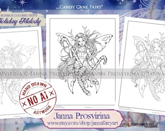 Candy Cane Fairy, Christmas Coloring Page, Instant download, Digi stamp, Art of Janna Prosvirina