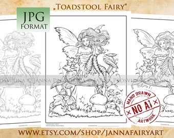 Digital Stamp, Coloring Page, Toadstool Fairy, Digital Stamp, Printable page, Art of Janna Prosvirina