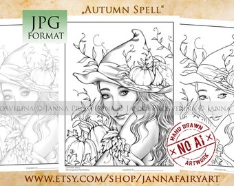 Coloring Page, Autumn Spell, Digital Stamp, Witch, Halloween, Printable, Instant download, Samhain, Art of Janna Prosvirina