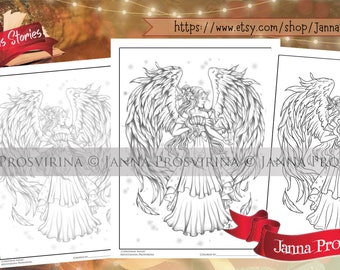 Christmas Angel, Christmas Coloring Page, Instant download, Digi stamp, Art of Janna Prosvirina