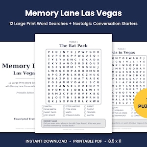 Storstilsordsökning för seniorer Las Vegas Memory Lane Utskrivbara pussel Lättlästa Nostalgipresent till mor- och farföräldrar
