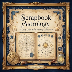 Puede incluir: Un libro abierto ilustrado con gráficos astrológicos y símbolos celestiales, titulado "Scrapbook Astrology: A Cozy Celestial Coloring Collection." La imagen incluye una brújula, un telescopio y un tarro de estrellas, dentro de un marco decorativo.