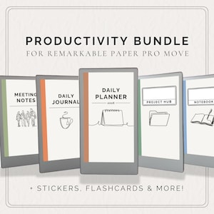 Peut inclure: Un ensemble de productivité pour Remarkable Paper Pro Move. L'image présente des planificateurs et des cahiers numériques, dont un planificateur quotidien, un centre de projet et des notes de réunion. Le texte comprend "Productivity Bundle" et "Stickers, Flashcards & More!"