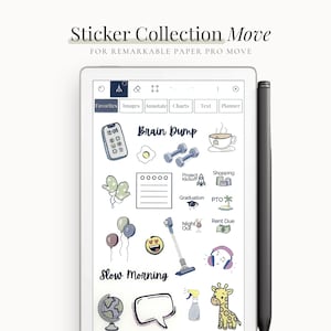 May include: A digital sticker collection for the Remarkable Paper Pro Move. The image shows a tablet with various digital stickers, including icons for shopping, a teacup, dumbbells, and a giraffe. The text "Sticker Collection Move" is at the top.