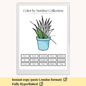 May include: Digital color-by-number collection for Remarkable Paper Pro. The image shows a potted plant with green leaves and a light blue pot. Below are labeled boxes with words like "Waves," "Beach," and "Cupcake." The text "Instant copy/paste (.rmdoc format)" is also visible.