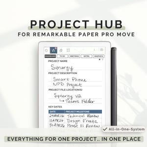 May include: A white tablet with a black stylus, displaying handwritten notes about a project named "Synergy." The text "PROJECT HUB" and "FOR REMARKABLE PAPER PRO MOVE" are at the top. The tablet shows a project description, key dates, and the text "All-in-One-System."