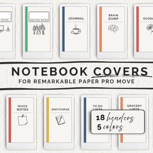 Puede incluir: Cubiertas de cuadernos digitales para Remarkable Paper Pro Move, cada una con un encabezado diferente como "Journal" y "Brain Dump". La imagen muestra 18 encabezados en 5 colores. Ideal para tomar notas digitales.