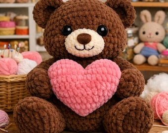 Velvet Heart Bear Crochet Pattern | Amigurumi Teddy Bear Plush | Beginner Friendly PDF