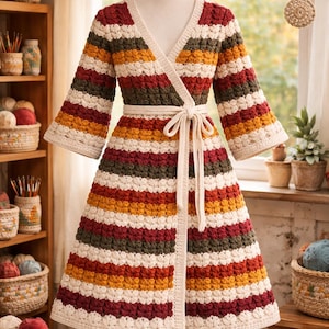 Może przedstawiać: Kolorowa, ręcznie robiona sukienka z szydełka, prezentowana na manekinie. Sukienka ma poziome paski w odcieniach kremu, czerwieni, pomarańczy, zieleni i żółci. Ma krój kopertowy z wiązanym paskiem i długimi rękawami. Sukienka ma około 127 cm długości.