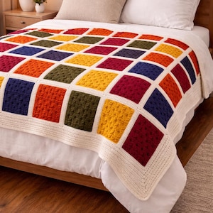 Mönster för fyrkantig filt med fjärilspuff och mormorsmotiv | Modulär virkad filt | Flera storlekar från Baby till Queen