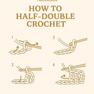K&ouml;nnte beinhalten: Eine beige Lehrgrafik von Knotical Treasures zur Herstellung von halben Doppelst&auml;bchen. Das Bild zeigt eine Schritt-f&uuml;r-Schritt-Anleitung mit nummerierten Illustrationen und Pfeilen. Der Text lautet &bdquo;HOW TO HALF-DOUBLE CROCHET&ldquo;.