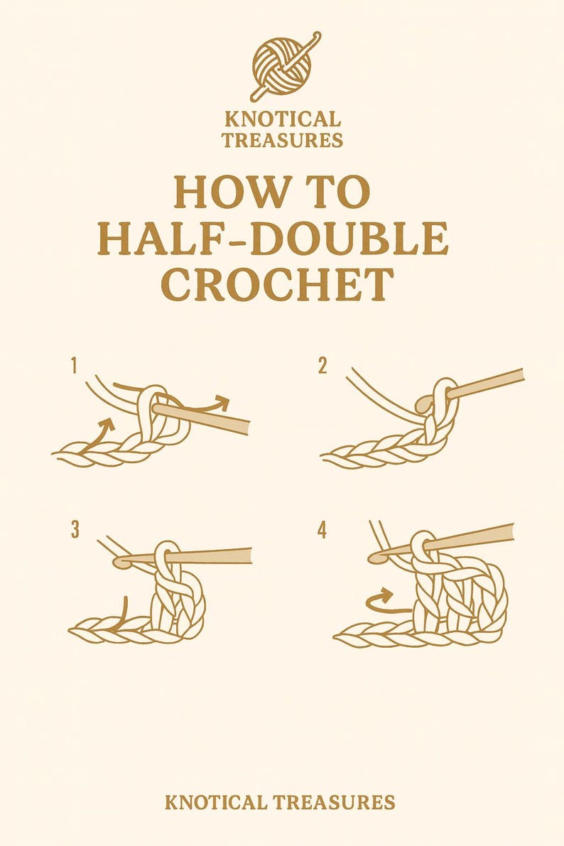 K&ouml;nnte beinhalten: Eine beige Lehrgrafik von Knotical Treasures zur Herstellung von halben Doppelst&auml;bchen. Das Bild zeigt eine Schritt-f&uuml;r-Schritt-Anleitung mit nummerierten Illustrationen und Pfeilen. Der Text lautet &bdquo;HOW TO HALF-DOUBLE CROCHET&ldquo;.