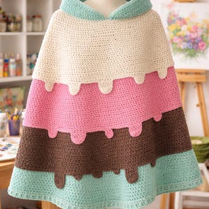 アイスクリームが滴るフード付きポンチョのかぎ針編みパターン | チャンキーポンチョパターン | ベビー～5XLサイズ