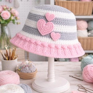 Crochet Heart Bucket Hat Pattern | Bobble Brim, Striped Crown (PDF Pattern)